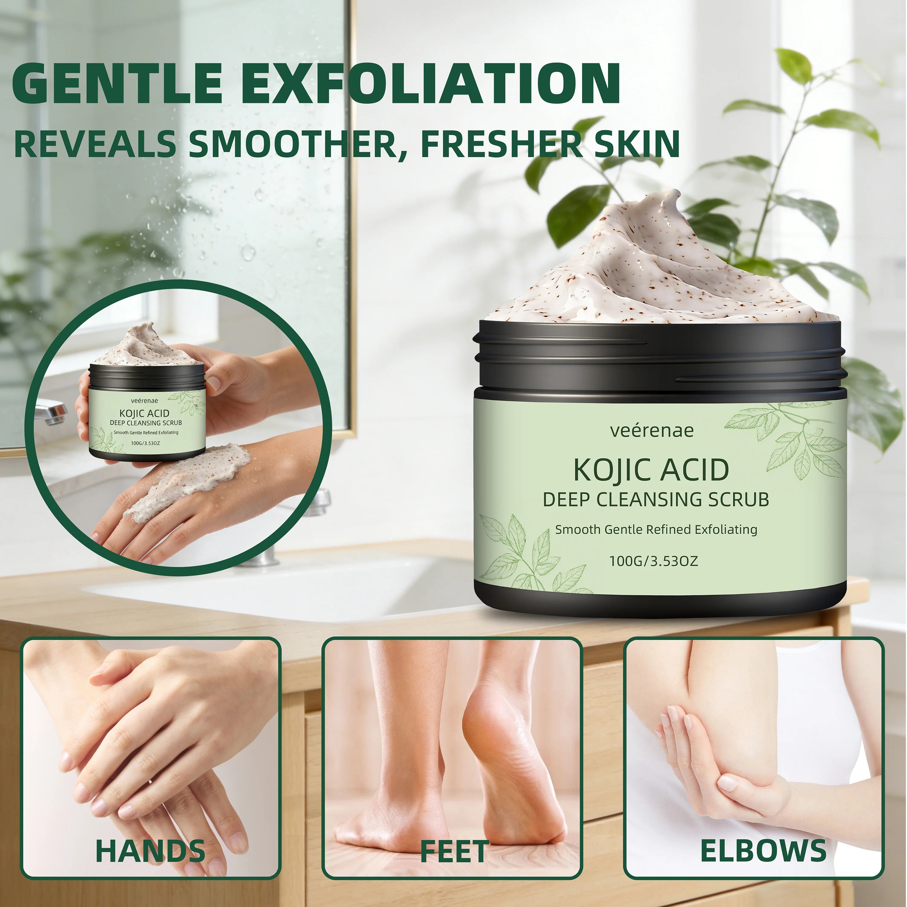 Veerenae KOJIC ACID DEEP CLEANSING SCRUB – Gentle Face & Body Exfoliator for Women & Men | Daily Use for Smooth, Radiant Skin