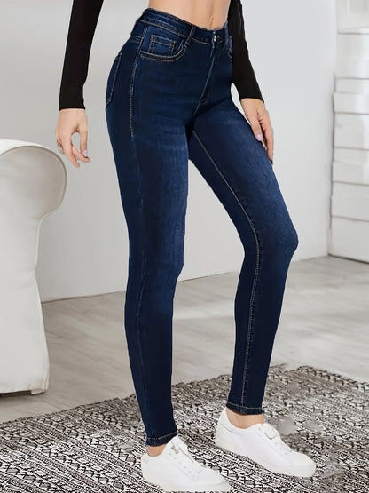 New dark blue women's high waist stretch skinny jeans
