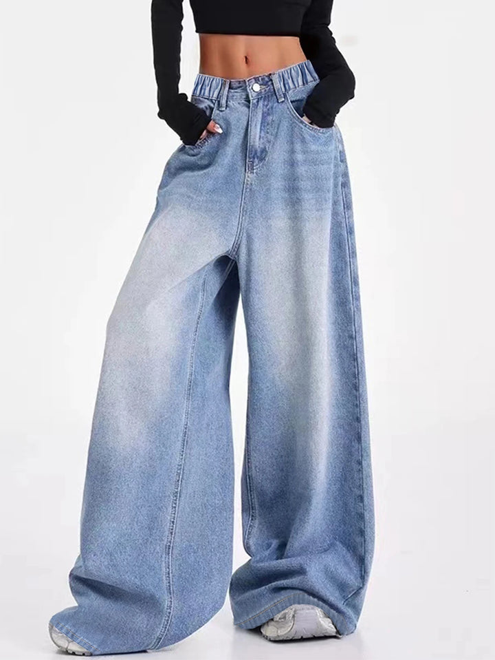 Vintage-washed blue American-style wide-leg straight-leg jeans for tween/teen girls – loose-fit, high-street casual long-length