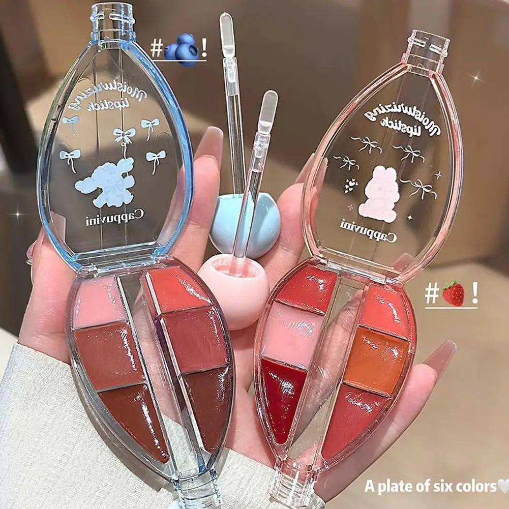 1/2PCS Six-color Strawberry Mirror Jelly Lipstick Palette Juicy Pink Solid Lip Gloss Set Moisturizing Lip Oil Tint with Silicone
