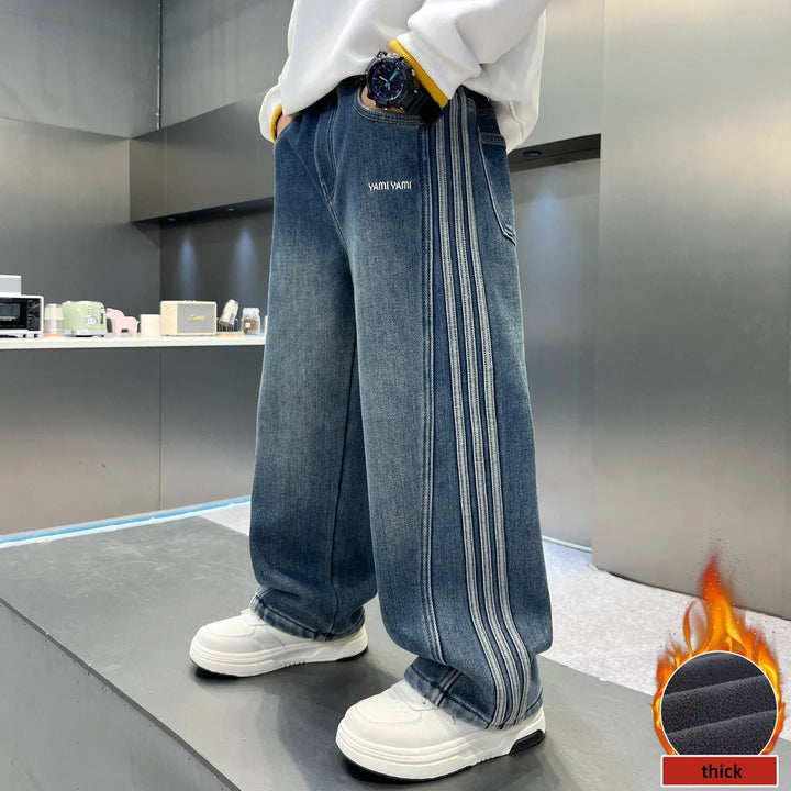 Kids Jeans Fleece Lined 5-16 Years Old Striped Loose Fit Warm Winter Pants Boys Thick Casual Trousers with Side Stripe Decor ﻿