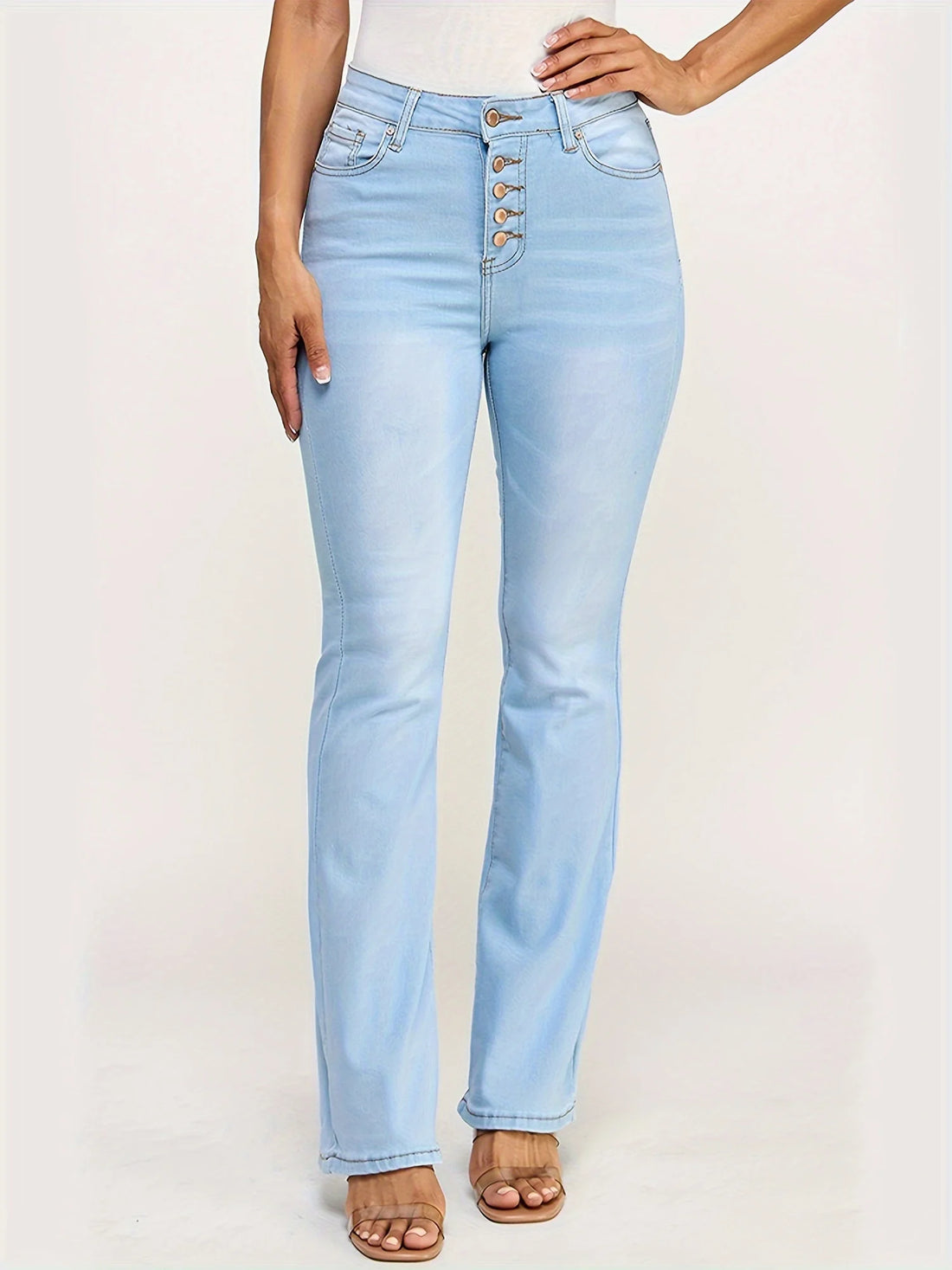 Solid color stretch women's jeans, slimming and hip lifting, light blue casual wash denim, five buttons, slash pockets