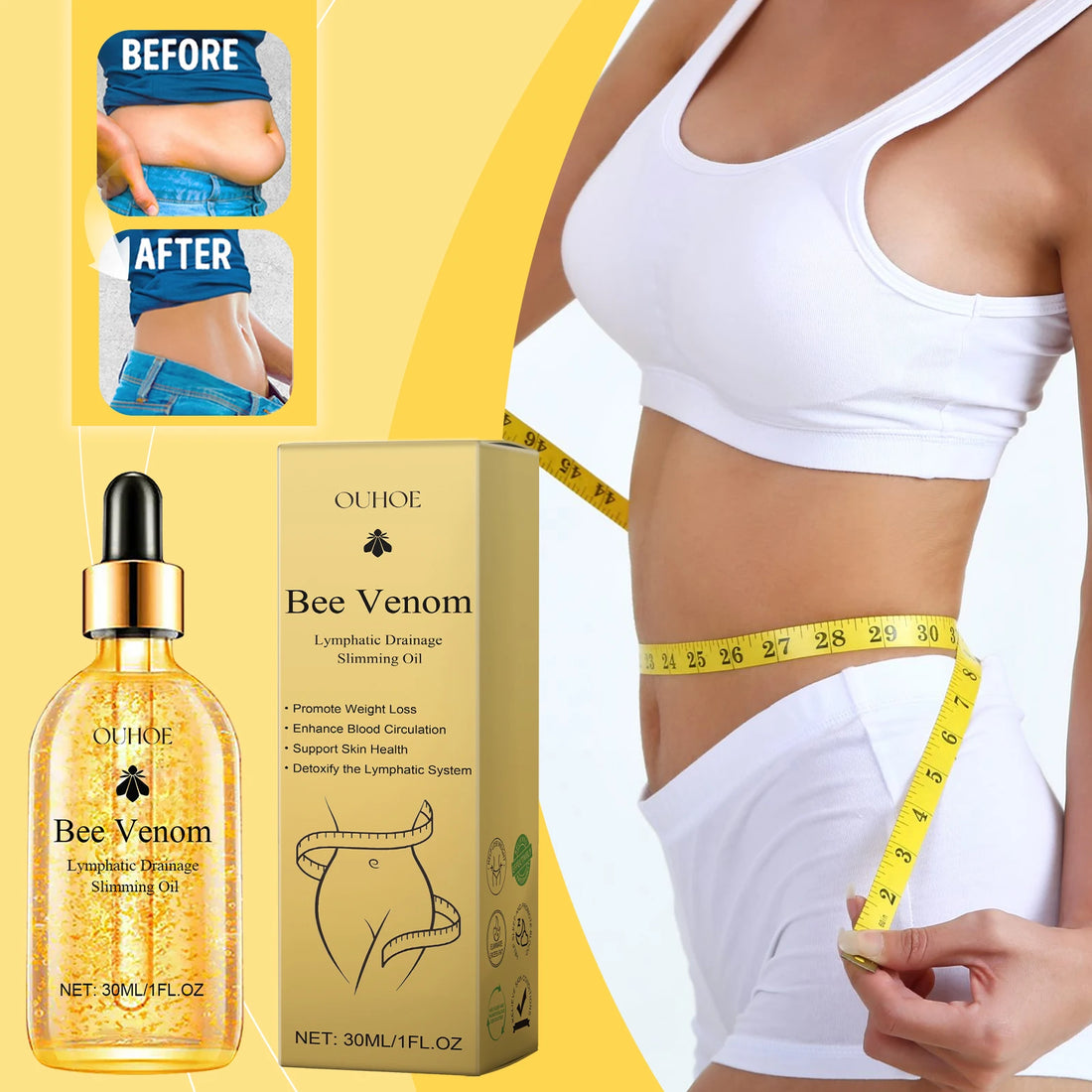 OUHOE 30ml Bee Venom Body Care Oil Massage to Tighten the Body Shape Slimming Show Body Abdominal Care Oil