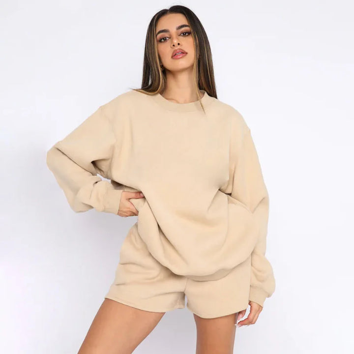 2025 Spring and Autumn Solid Color Pullover Long Sleeve Sweater Women's Fashion Casual Shorts Set