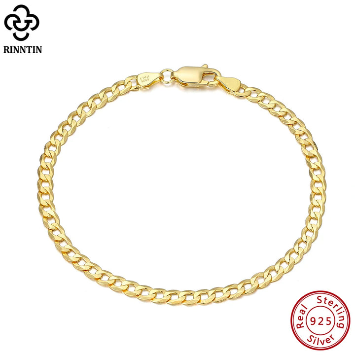 Pulsera de cadena cubana italiana de 3 mm en plata de ley 925 con baño de oro de 18 quilates Rinntin para mujeres y hombres, joyería de plata moderna SB123