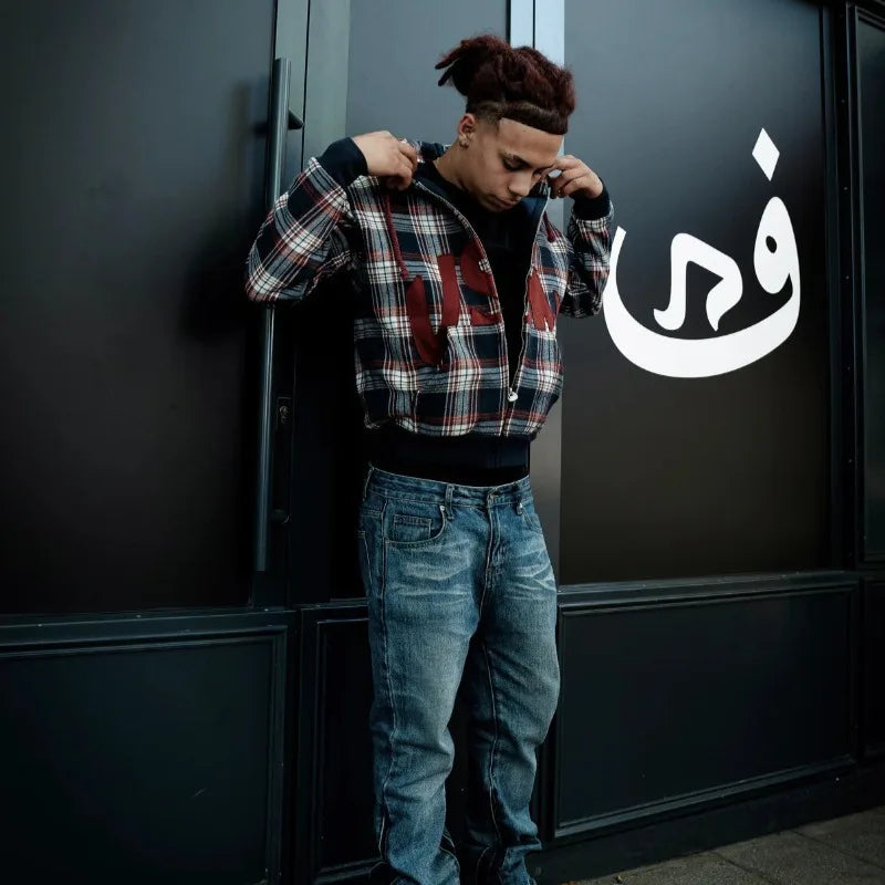 Amerikanischer Retro-Stil: Karomuster-Kapuzenpullover mit Stickerei für Damen und Herren, lässiger Cardigan mit Reißverschluss für den Alltag.