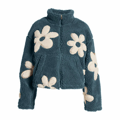 Womens Floral Fleece Jackets Winter Zipper Cropped Coat Casual Long Sleeve Outwear With Pockets Cute Plush Jacket For Women