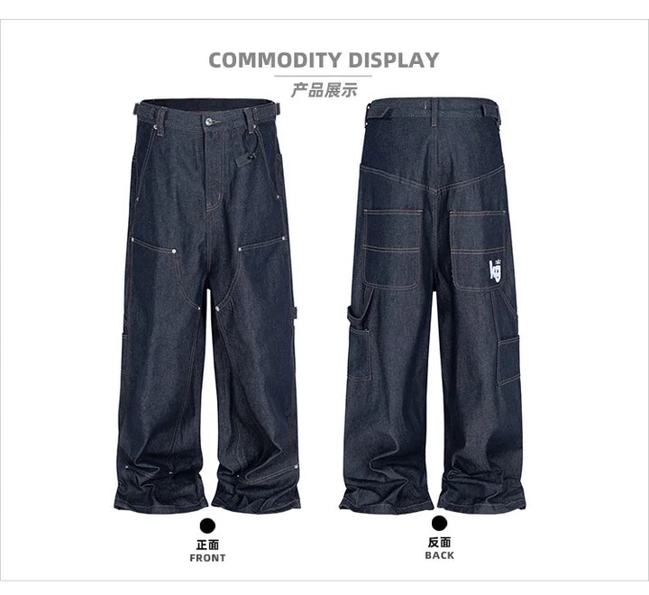 MIJKO Straight Blue Jeans Workwear Multi Pocket Embroidery Original Cow Trousers Comfortable Silhouette for Men Women