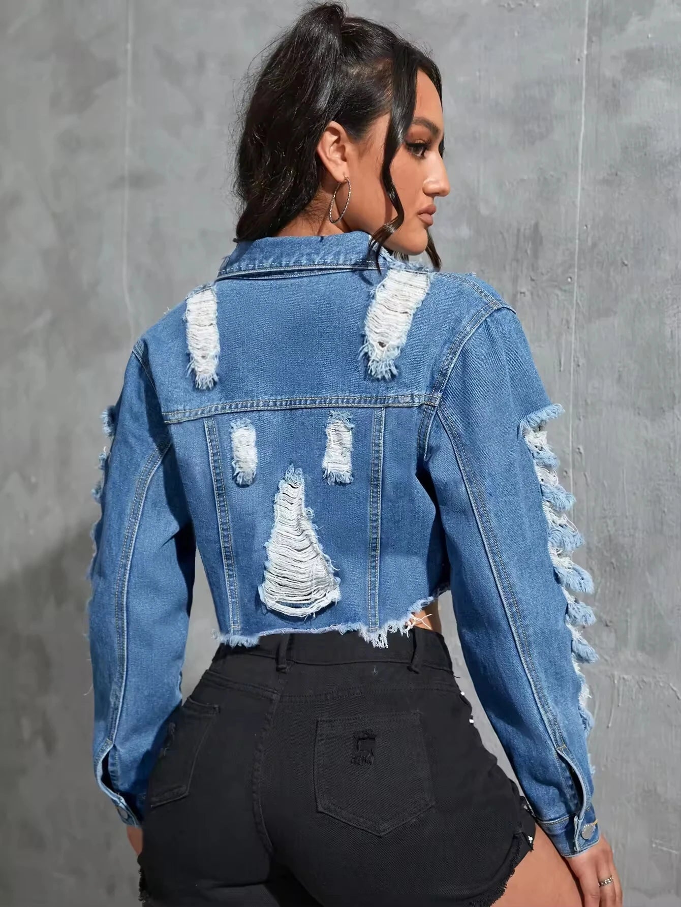 Blue casual ripped denim jacket long sleeves lapel flared denim jacket loose pockets tassel design loose denim top four seasons