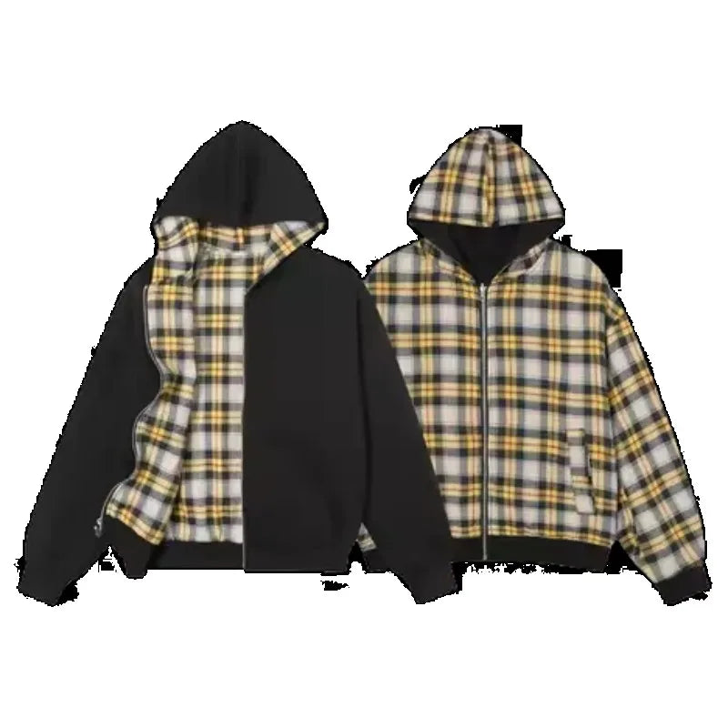 Casual Retro High Street Plaid Zipper Hoodie Women American Y2k Harajuku Fashion Brand Clothing Casual Oversized Sweatshirt Men