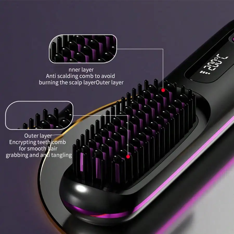 Portable Wireless Hair Straightener Comb, USB Rechargeable Straightening Brush with 3 Speed Temperature Control, Negative Ion Technology, LED Display, Lightweight Travel Hair Straightener with Comb and Clip Included