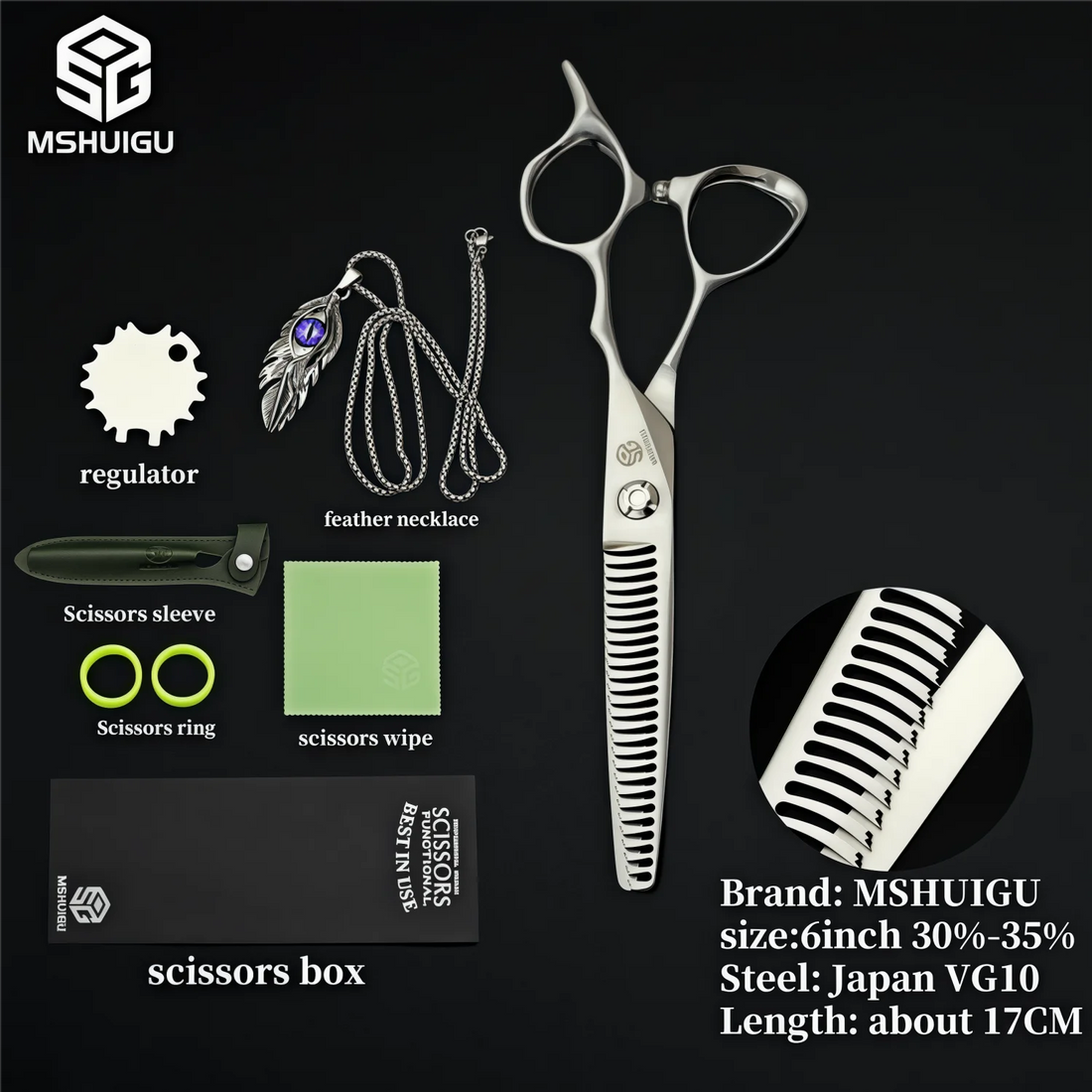 MSHUIGU 440C Professional Barber Scissors 6-7 Inch Laser Wire Serrated Blade Multi-Functional Thinning Hair Shears for Salon Too
