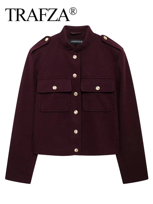 TRAFZA 2024 Fashion Women Soft Tweed Bomber Jacket O-Neck Long Sleeve Pockets Buttons Loose Woolen Coat Female Streetwear