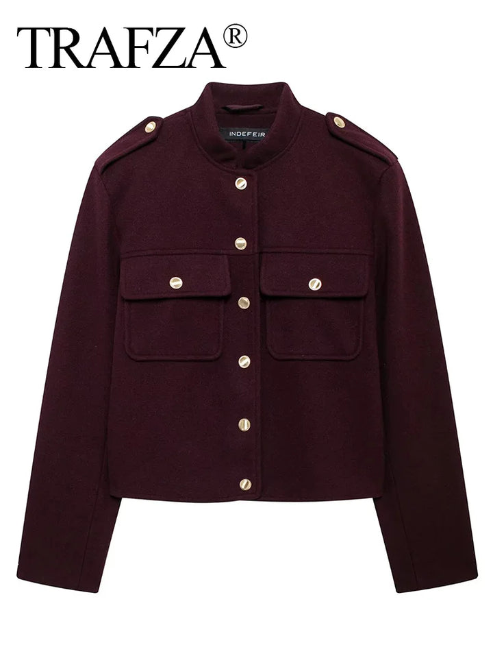 TRAFZA 2024 Fashion Women Soft Tweed Bomber Jacket O-Neck Long Sleeve Pockets Buttons Loose Woolen Coat Female Streetwear