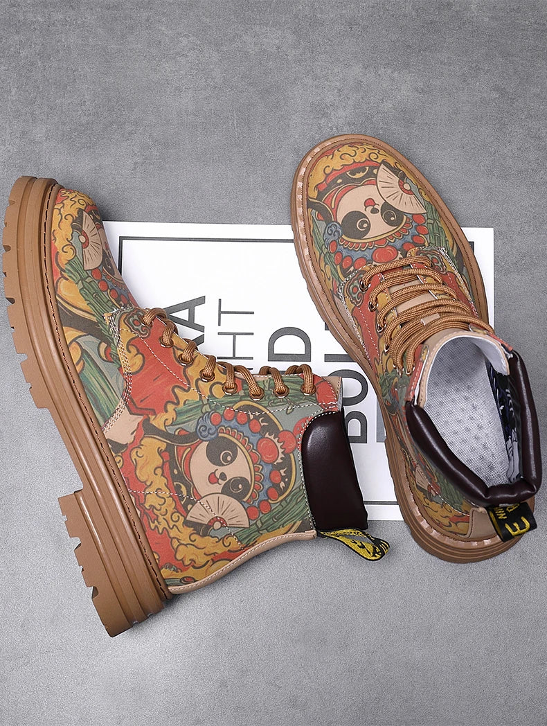 Chinese national treasure Panda Graffiti men's boots Leather casual punk cowboy motorcycle big yellow boots fashion boots