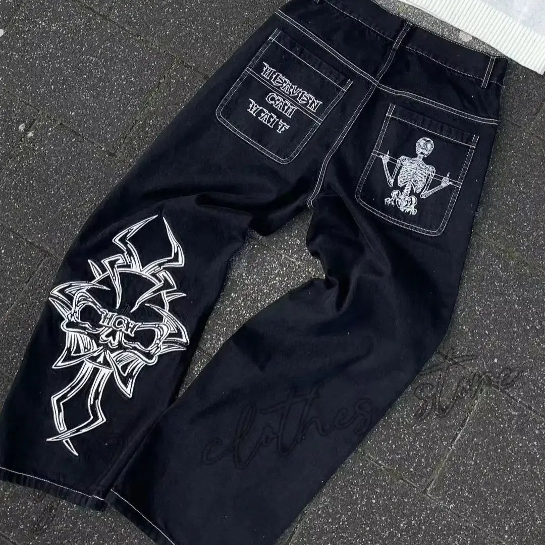 Vintage Jeans Y2K Clothes Men Women Gothic Hip Hop Pocket Embroidery Retro Blue Baggy Jeans High Waist Slim Fit Flare Trousers