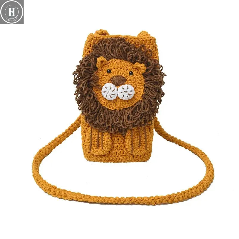 Crochet Shoulder Bag Creative Mobile Phone Bag Lion Knitted Handbag Adorable Cartoon Wool Knitting Bag For Young Women Casual HALALZEN